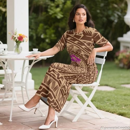 Image of Polynesian Dress for Women Short Sleeve High Waist Maxi Skirt | Puletasi dress, t-shirt and skirt two-piece, elastic material, lightweight, soft, plus size, luau party, wedding, clubwear