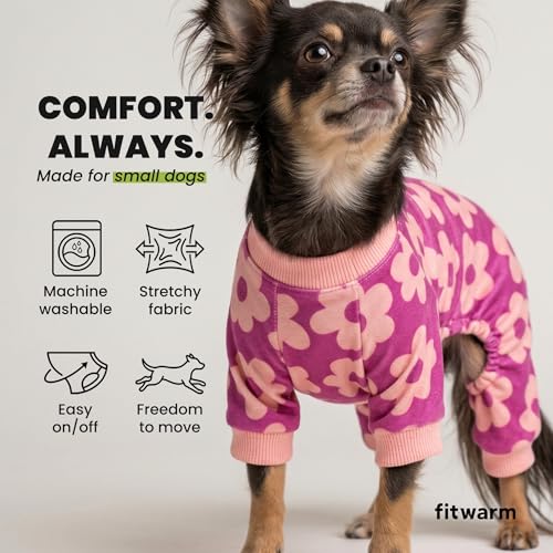 Image of Fitwarm Flower Fleece Dog Pajamas, Warm Winter Dog Clothes for Small Dogs Girl, Cozy Pet Onesie with Feet, Pink, XS