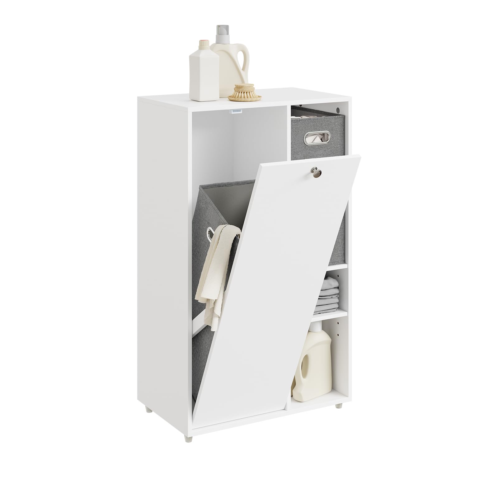 SoBuy Mobiletto Bagno Salvaspazio con Cesto Portabiancheria - Mobile Lavanderia Bianco Armadietto Bagno Stretto con 2 Cassetti in Tessuto Mobile Salvaspazio 50x30x105 cm BZR218-W