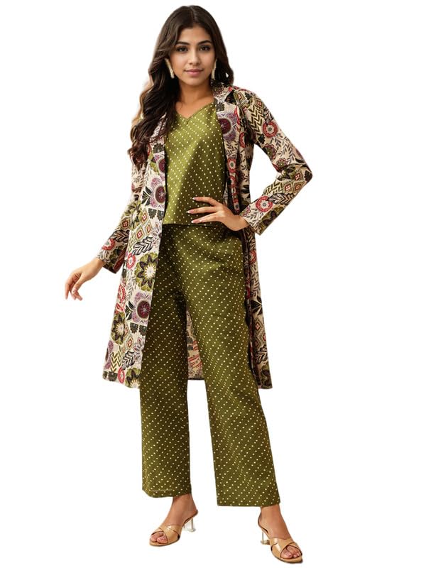 v4m Women's Green Pure Cotton Floral Printed Three Piece Co-Ord Set | Blazer Set for Women-picture-50