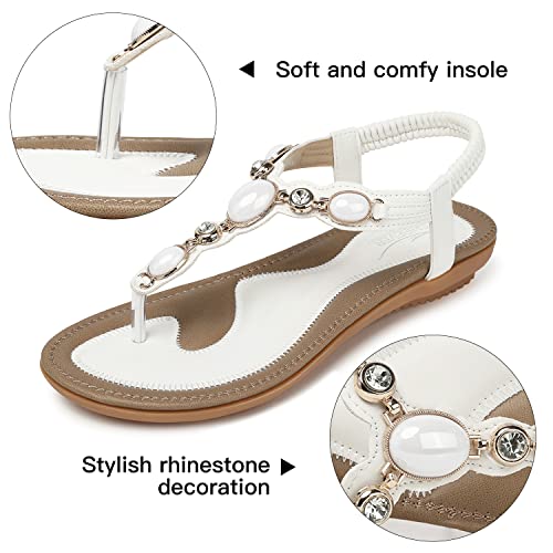 Shibever Summer Flat Sandals For Women Split Toe Elastic Slip On Boho Rubber Rhinestone Comfortable Beach Sandal White 7 #TOP1