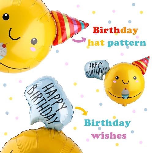 Image of Happy Birthday Balloon, Birthday Decorations for Kids, 30 Inch Foil Balloon Party Supplies with Ribbon, Photo Backdrop, Yellow Smiley Face Design, 1 Pack