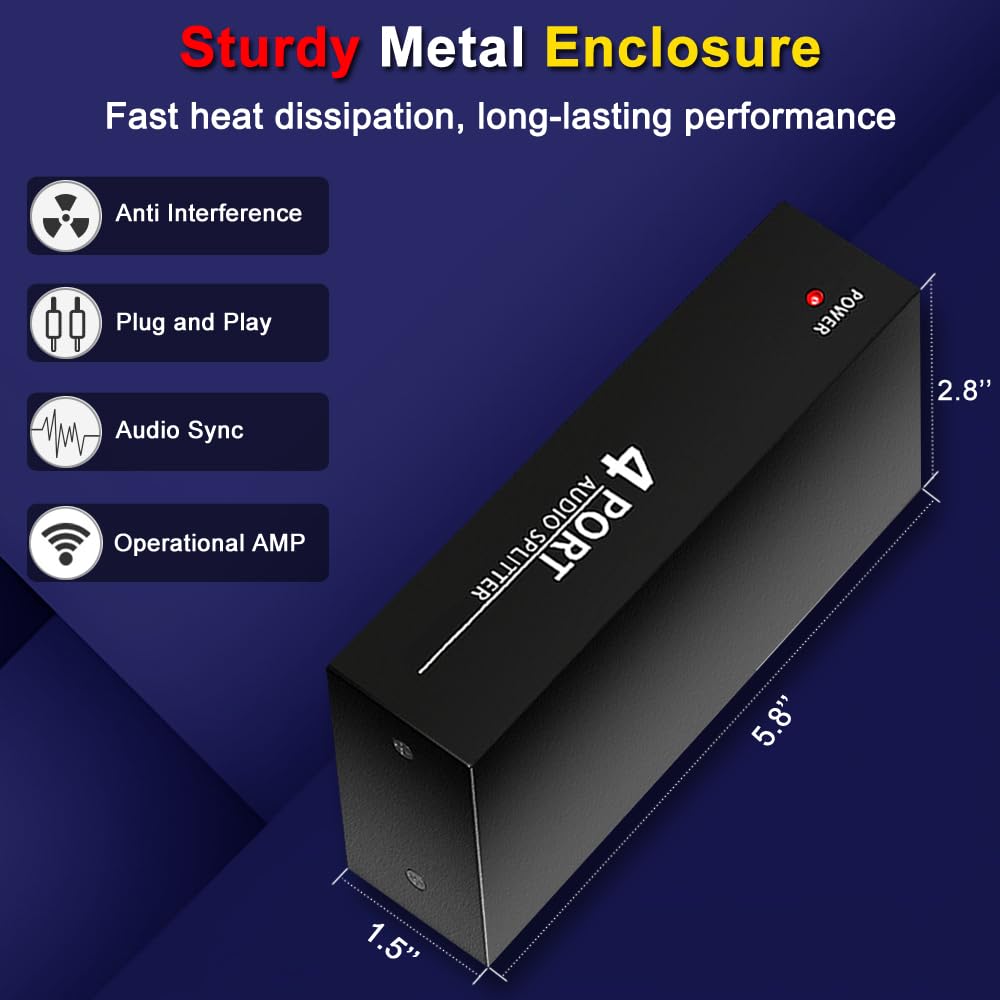 Divisor de audio auxiliar de 3,5 mm + RCA L/R, 1 entrada y 4 salidas, caja distribuidora de audio analógico estéreo