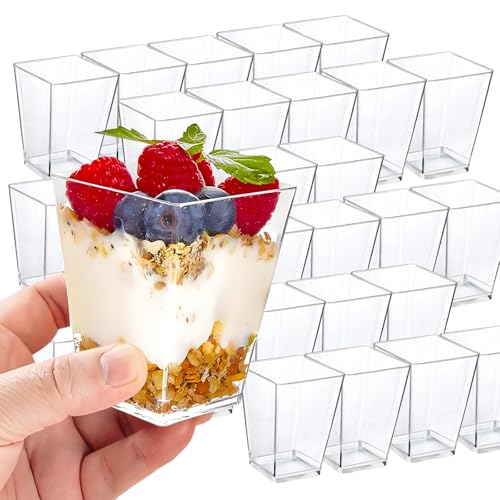 ASSUGO 25 Stück dessertgläser,5OZ/160ML dessertbecher plastik,eisbecher,Wiederverwendbar Quadratischer dessertgläser,für Zuhause dessert, Pudding, Mousse,buffet zubehör