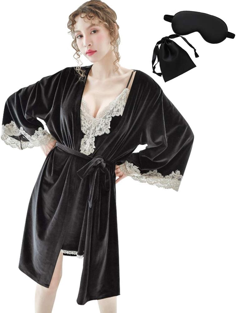 Winter Gold Velvet 6 Pieces Gown Sets Pajamas Sets Sexy Lace Robe Pajamas Sleepwear
