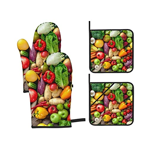 Fresh Fruits And Vegetables Oven Mitts And Pot Holders Sets Of 4 Heat Resistant Oven Gloves And Hot Pads Potholders Kitchen Baking Cooking Bbq Cute Oven Mitts #TOP6