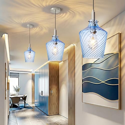 Image of Stripes Blue Glass Pendant Light for Kitchen Island Nickel 8 Inch 1 Pack