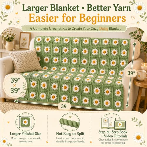 Image of Coopay Crochet Kit for Beginners Adults, Large Granny Square Blanket Kit | Step-by-Step Guide Book & Video Tutorial, 1200g Anti-Pilling Yarn, Ideal Crochet Gift for Family & Beginners