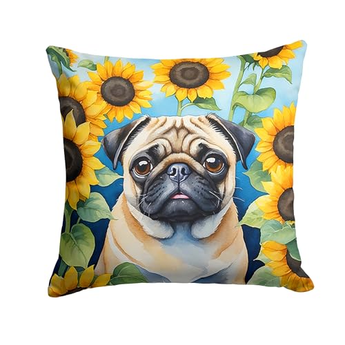 Caroline's Treasures in Sunflowers Throw Pillow, 14Hx14W, Pug 6145