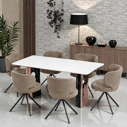 Image of The Attic Cosmo Urban 6 Seater Dining Set,Beige,Black, Rose Gold & Cream,160Cms