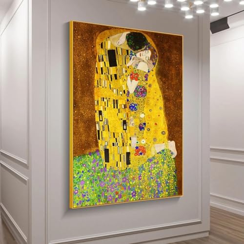 Tableau Klimt Le Baiser 80x110 cm : habillez un grand mur vide de salon avec cette toile encadrée