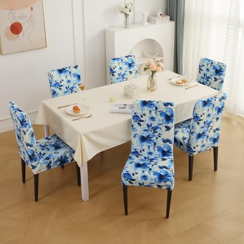Image of HOKIPO Premium Printed Velvet Dining Chair Cover Set of 6, Blue Azure Botanical (AR-5794-D8*6)