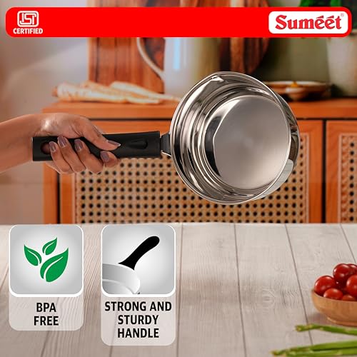 Image of Sumeet ISI Certified Stainless Steel Saucepan 1.2L, 1 Piece | Induction & Gas Stove Compatible, Mirror Finish Milk Pan, Tea Maker, Dishwasher Safe