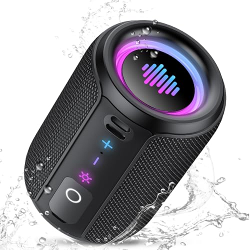Altavoz Bluetooth Potente 5.4, 15W Pequeño Portatil Altavoz Bluetooth, Luces LED de Colores Inteligentes, 360° Sonido Estéreo TWS, 12H de Reproducción, Impermeable IPX7, para Exterior/Viajes/Fiestas
