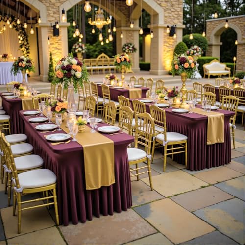Image of 3 Pack Burgundy Spandex Tablecloth for 6 Foot Rectangle Tables, Wrinkle Free Fitted Table Cloth Cover 6ft Maroon Stretchy Tablecloths with Skirt for Parties Weddings Birthday Banquet Baby Shower