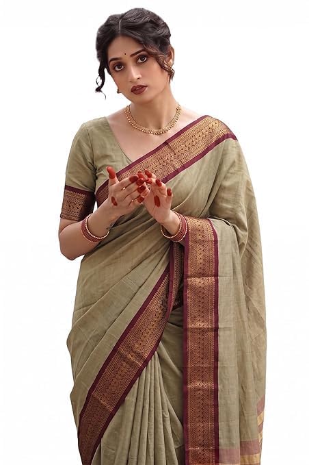 Elegant Women's Cotton Linen Blend Saree with Traditional Zari Woven Border – Classic Olive Green and Maroon Indian Ethnic Wear-image-14