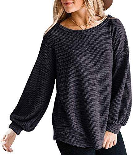 Image of Farktop Womens Oversized Waffle Casual Sweatshirts Long Puff Sleeve Drop Shoulder Lightweight Sweaters Black