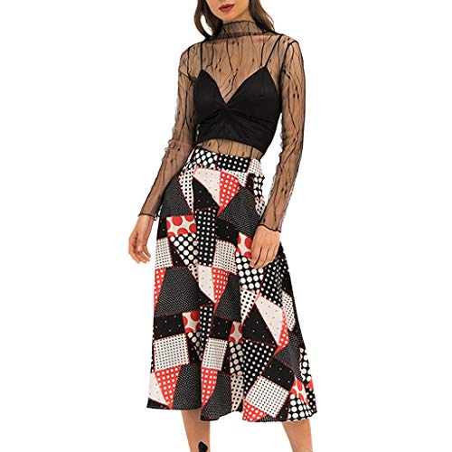 Fashion Ladies A-Line Midi Skirts Bohemian Chequered High Waist Color Block Beach Half-Length Skirt (L, Black)