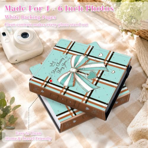 Image of Photo Album 4x6 120 Pockets Aqua Plaid Ribbon Bow