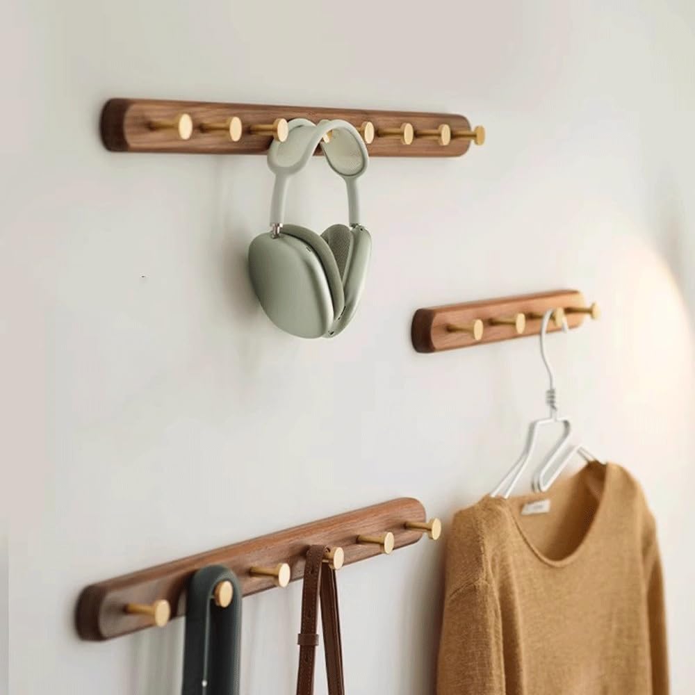 GLigeT Wand Garderobenleiste Massivholz-Kleiderhaken aus Messing, Kleiderbügel for den Eingangsbereich, Hut-Kleiderhaken, Wandmontage, Eingangstür Wandgarderoben(Bruin,Klein)