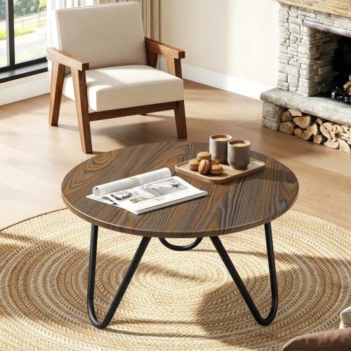 Image of Small Circle Coffee Table Round Coffee Tables with Metal Legs 23.6 inch Wood Accent Center Table for Living Room Sofa Table for Reception Room Home Office Rustic Brown
