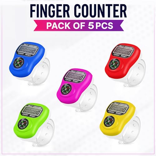 Image of GLUN Portable Finger Counter Ring Pack of 5 with Navigation Compass, 5-Digit LCD Display Digital Click Counter for Prayer, Meditation, Knitting & Sports Counting