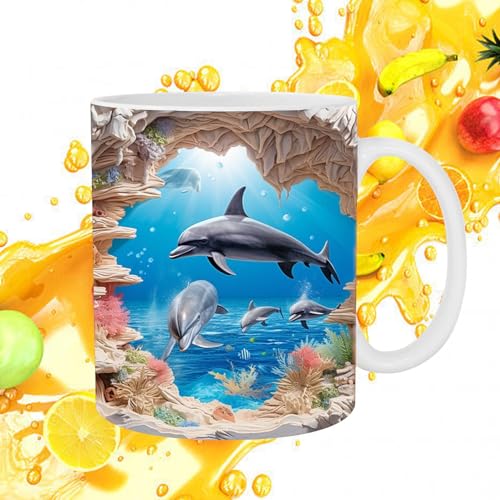 Genérico Taza de delfines 3D | Tazas lindas Tazas de café de cerámica con diseño pintado plano 3D, de café Novedad taza de 11oz cerámica delfín decoración para los amantes del leche té