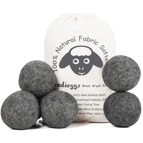Budieggs Wool Dryer Balls Dark Grey XL 6-Pack, 100% New Zealand Organic Fabric Softener for 1000+ Loads, Baby Safe & Hypoallergenic, Reduce Wrinkles & Shorten Drying Time Naturally (6pcs Grey-XL)