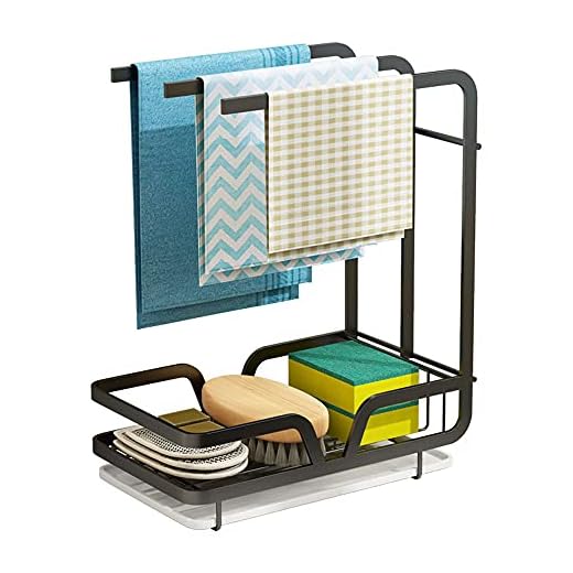 Organizador de fregadero de cocina, escurridor de toallas montado en la pared, soporte de cepillo de esponja con bandeja de drenaje para almacenamiento de cocina y baño (negro)