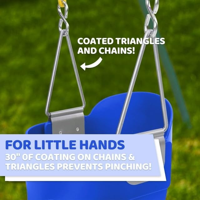 Image of Heavy-Duty High Back Full Bucket Toddler Swing Seat with 60 inch Coated Swing Chains and Carabiners for Easy Install Fully Assembled (Blue)