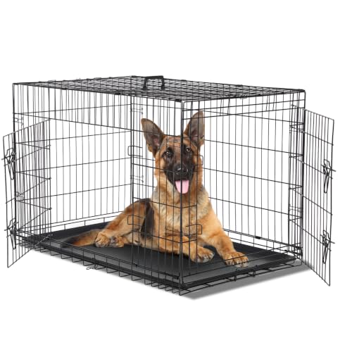 Image of Dog Crate 42 Inch Large Dog Cage Foldable Indoor Outdoor Pet Kennel | Double Door Metal Wire Portable Dog Kennel with Secure Lock, Leak-Proof Pan Tray, Dog Training and Travel