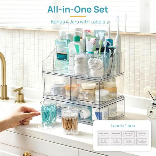 Image of Vtopmart 8 PCS Bathroom Countertop Organizer, 1 Divided Tray with 4 Qtip Holder Jars and 3 Drawers, Restroom Clear Organizers for Toothbrush, Cotton Pads, Vanity Accessories Storage Set