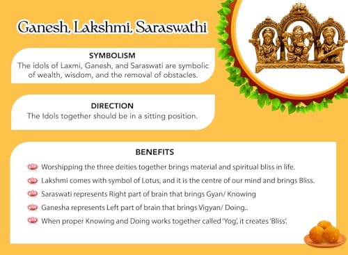 Image of Ekhasa 100% Pure Brass Laxmi Ganesh Saraswati Murti (Size: 8.0 cm) | Lord Ganpati Lakshmi Saraswati Maa Idol for Diwali Puja | God Idols for Pooja Room or Griha Pravesh Ceremony
