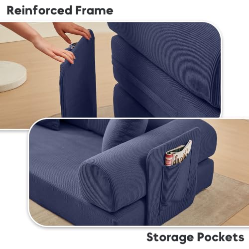 Image of 107 inch Modular Sectional Sofa Bed, L-Shape Corduroy Boneless Couch, Blue