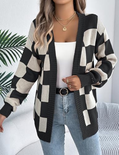 Mywinway Women's Checkered Cardigan Sweaters Fall Fashion Open Front Long Sleeve V Neck Cute Knit Oversized Tops3