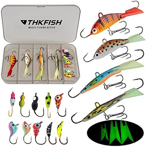 THKFISH Eisangeln Jigs Panfish Ice Fishing Lures Kits Ice Fishing Gear Kit 14pcs Luminous Ice Fishing Color C Cover