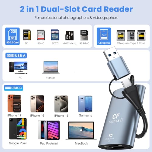 CFexpress Type B & SD Card Reader, USB-C 3.2 Gen 2 10Gbps – Aluminum Alloy Dual-Slot High-Speed Memory Card Reader for CFexpress & SD (UHS-II/UHS-I) Cards (CFexpress Type B + SD)