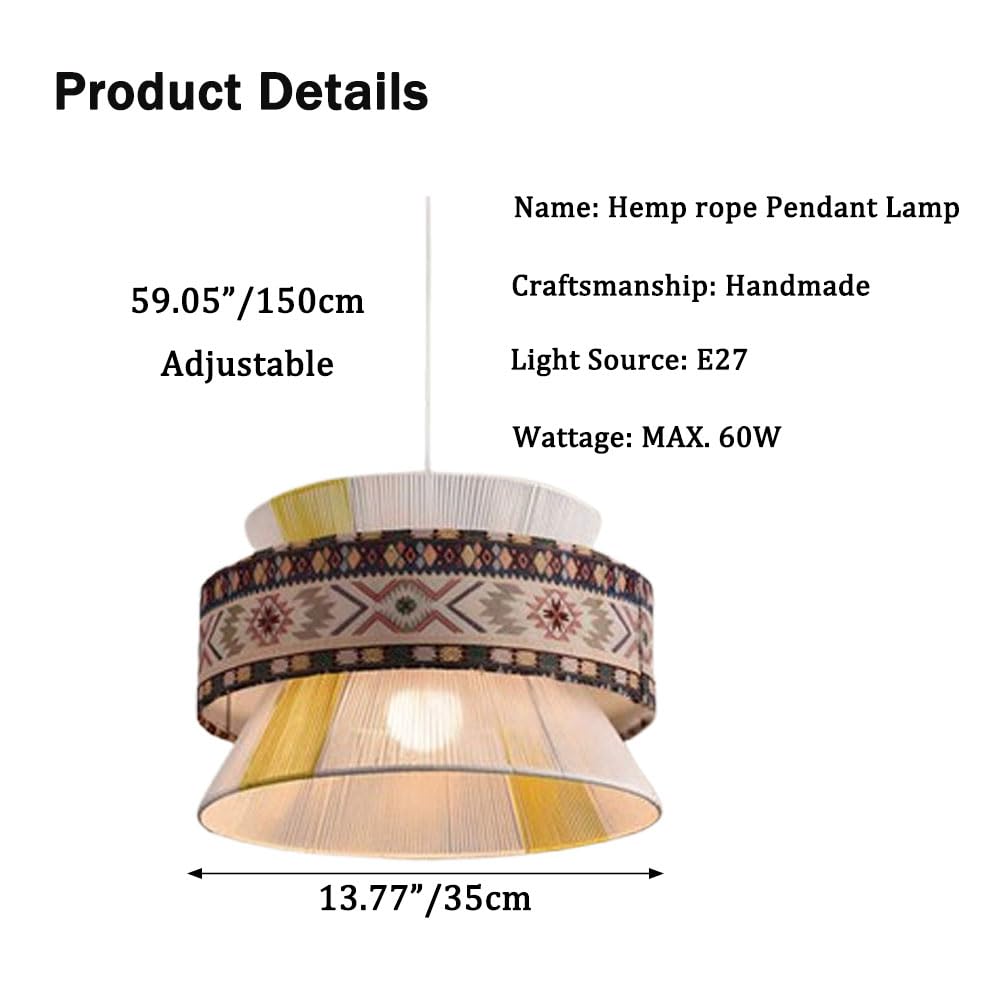 Bohemian Cotton Rope Woven Chandelier 13.77" Hand Pendant Lights Weaving Lampshade with Classic Tropical Pattern Elements for Living Room, Dining