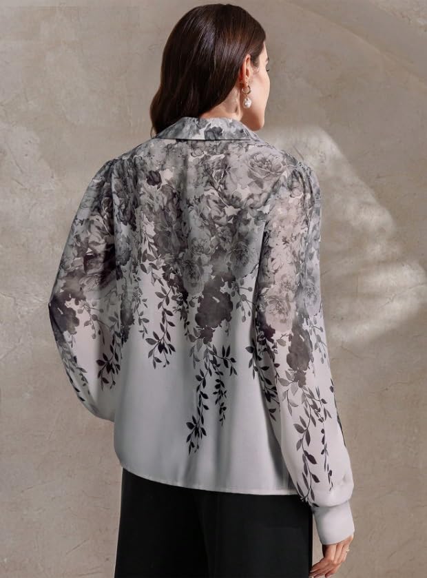 Image of Women Shirt || Women Top ||Autumn Leaves Print Polo Collar Shirt, Casual Long Sleeve (S-22-25)