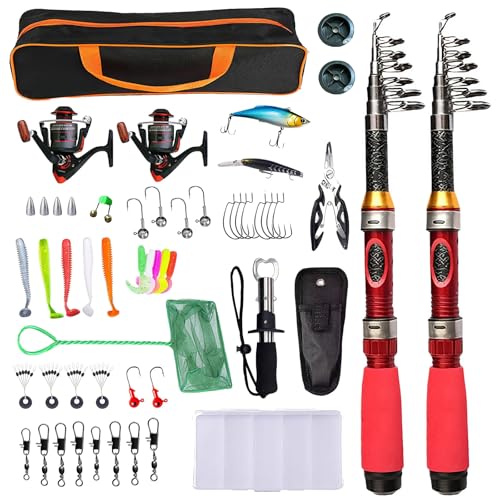Kit de Pesca para 2 Personas, 2 x cañas telescópicas de 1,9 m y carretes 3000, con indicador de picada, alicate, Caja de señuelos, Rejilla & Bolsa, Ideal para Principiantes y Profesionales, Agua Sala