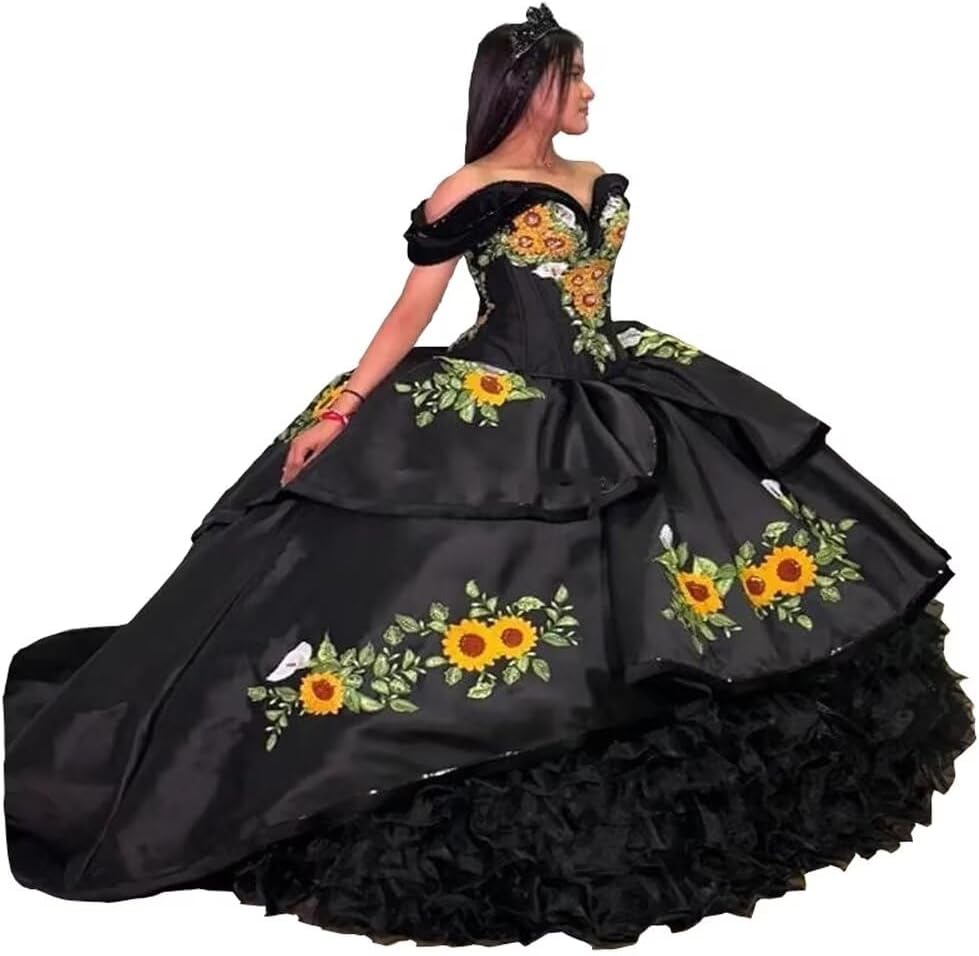 Para 15 Años Vestidos De Xv Con Girasoles Vestido Negro De