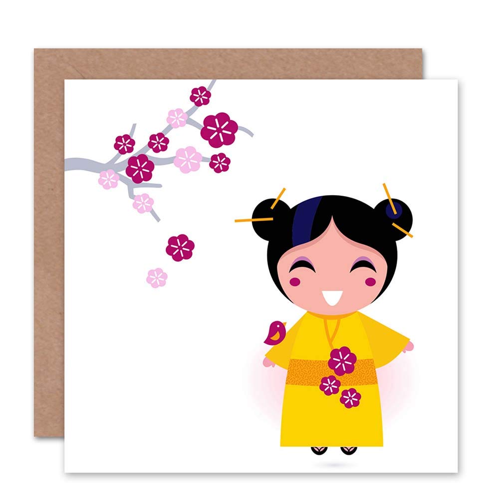 Wee Blue Coo Pink|Beige Japanese Geisha Cherry Blossom Kimono Blank Greetings Birthday Card Art
