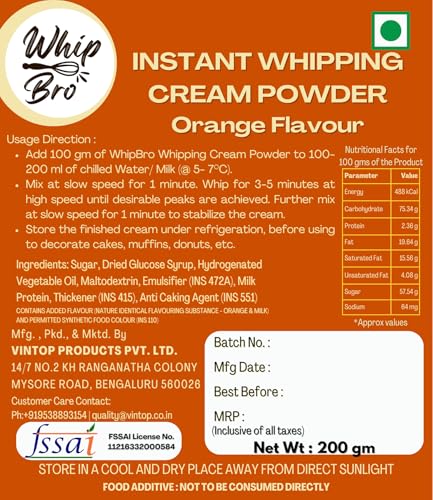 Image of WhipBro Whipping Cream Powder | Orange Flavour | Baking & Dessert Use (200 g)