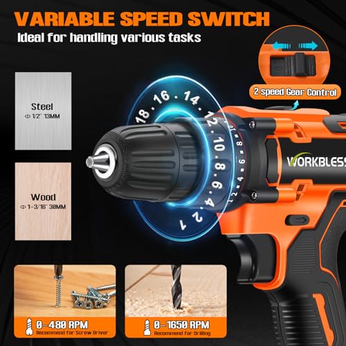 Image of WORKBLESS 21V Power Drill Set, Cordless Drill with Battery and Charger, 3 /8'' Keyless Chuck, Variable Speed, 18+1 Torque Setting and 28pcs Bits Tool Set(Orange, 1 Battery)