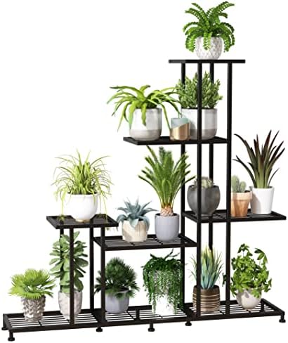Metal Plant Stand, 5 Tiers Multifunctional Plant Stands for Indoor Plants, Decorative Black Steel Plant Shelf for Indoor Outdoor Patio Garden Balcony and Yard(5 tiers 12 pots)