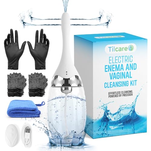 Enema & Vaginaldusche-Set von Tilcare - Elektrische Dusche mit 3 Geschwindigkeitseinstellungen und Fernbedienung - Einläufe für Frauen und Männer - Einlaufreiniger mit 15 Handschuhen und Handtuch