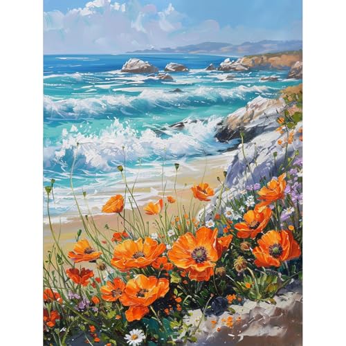 KEYIFA Pintar por Numeros Adultos, Paint by Number Kits con Pinceles y Pigmento Acrílico, DIY Flores junto al mar Pintura al óleo Colorear Lienzo Manualidades, Decoración del Hogar 30x40CM