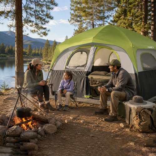 Image of UNP 6 Person Tents for Camping Waterproof Family Cabin Tent with Rainfly | Easy Setup Windproof Double Layer Camping Tent with 1 Mesh Door & 5 Large Mesh Windows 10'X9'X78in(H)
