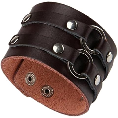 AZYOUNG Men's Black Brown White Leather Bracelet Single Layer Wristband Cuff Bangle,Length:21.4cm (Two Rings Brown) Cover