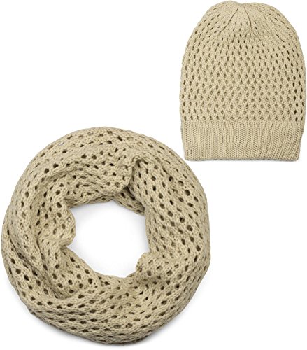 Image of styleBREAKER knit loop scarf and hat set, hole pattern knit scarf, knitted beanie hat, winter, unisex 01018210., color:Cream-Beige